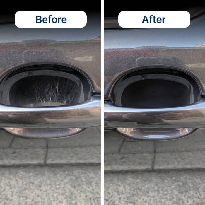 Seller photo of fingernail marks around a door handle recess, before and after using the cloth