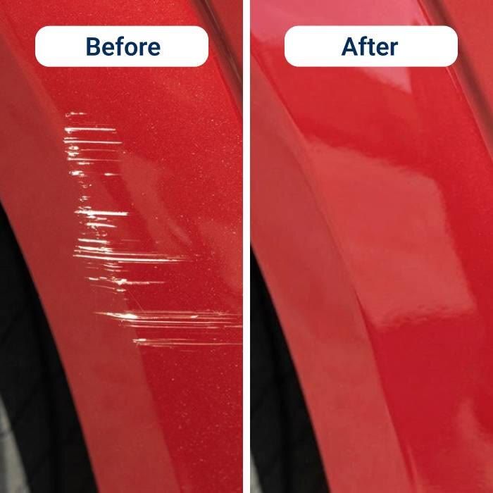 Seller photo of light scratches on a red car panel, before and after using the cloth